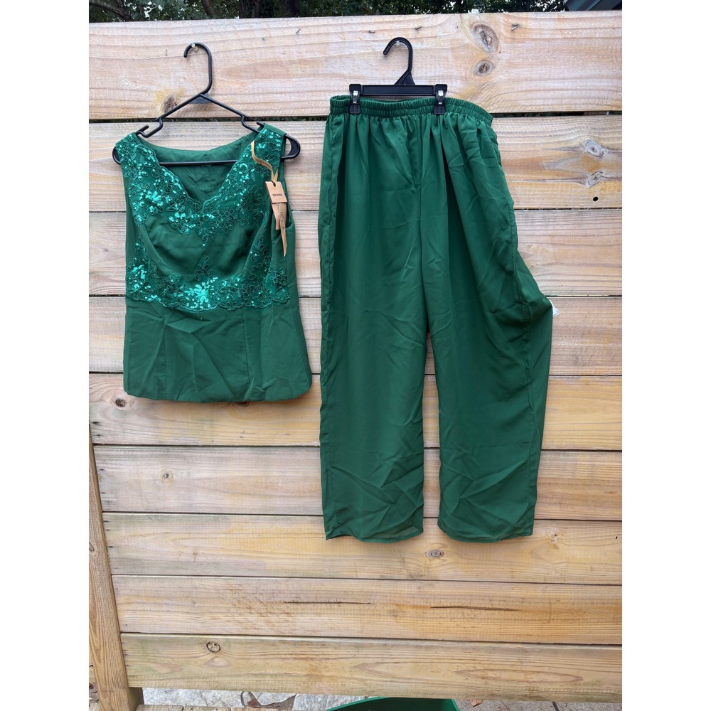 New Fashion Emerald Green Sequin Lace Two Piece Set Sleeveless Wide Leg Pants